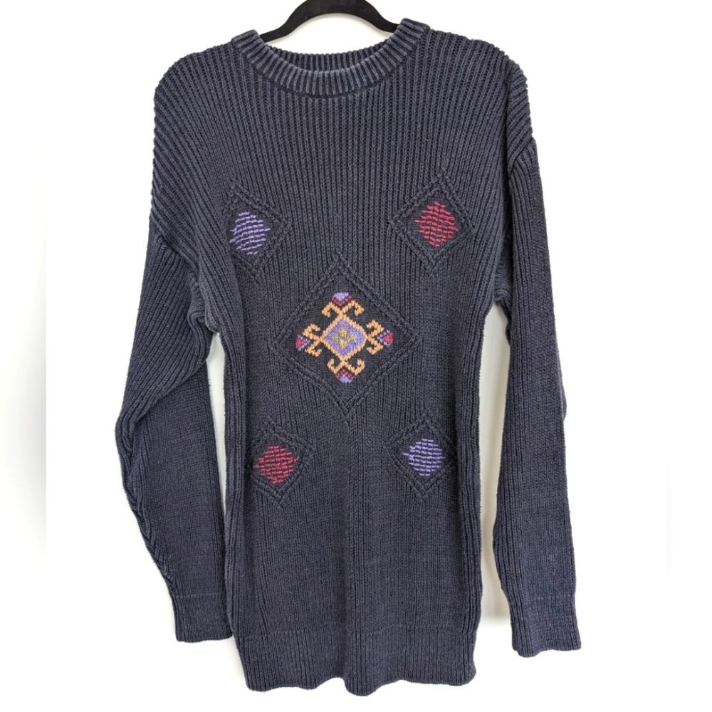 Vintage Bobbio Ramie Blend Woven Knit Embroidered Sweater Navy Size L